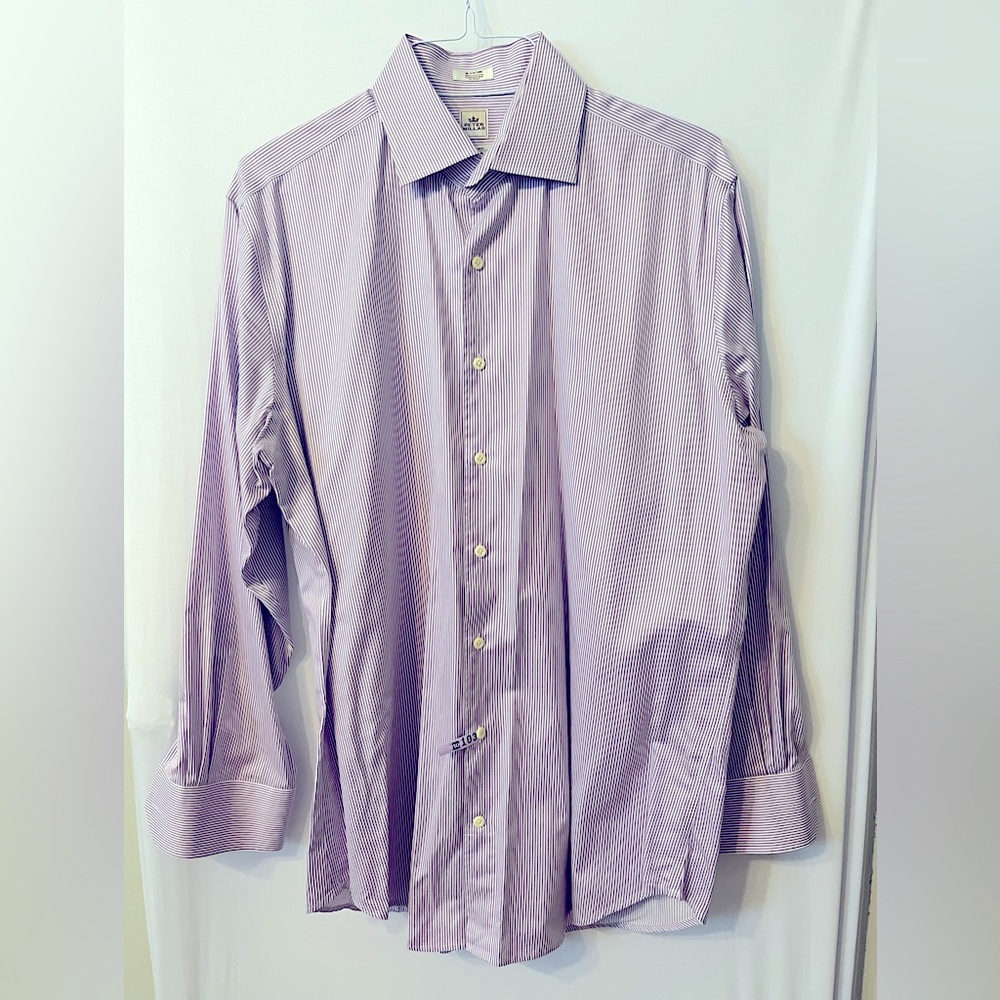 Peter Millar Nanoluxe L/S Bengal Stripe Dress Shirt, 16.5 Long Purple White